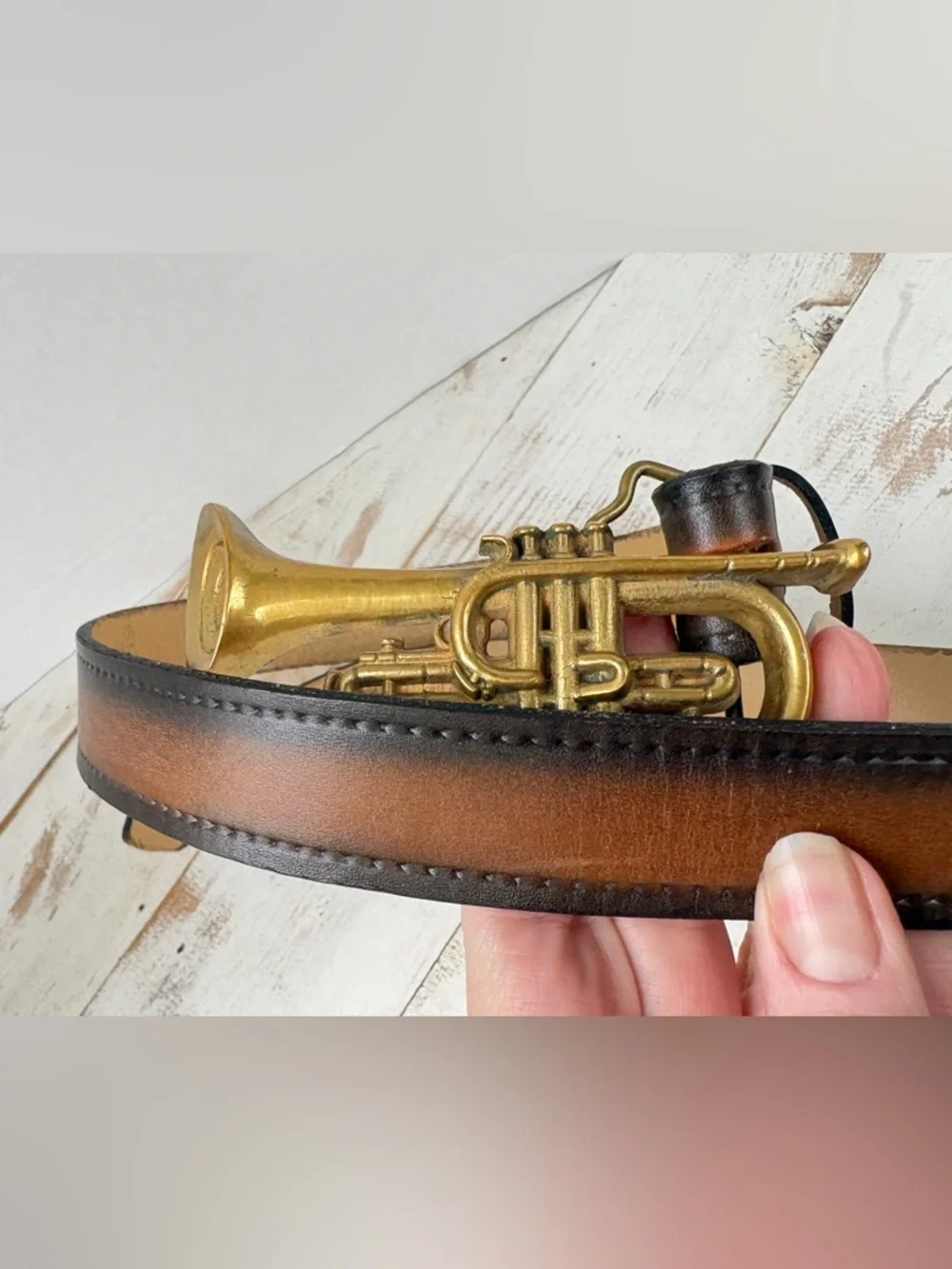 Vintage Baron solid Brass belt Buckle cornet trumpet music band 70s sz 34 belt
